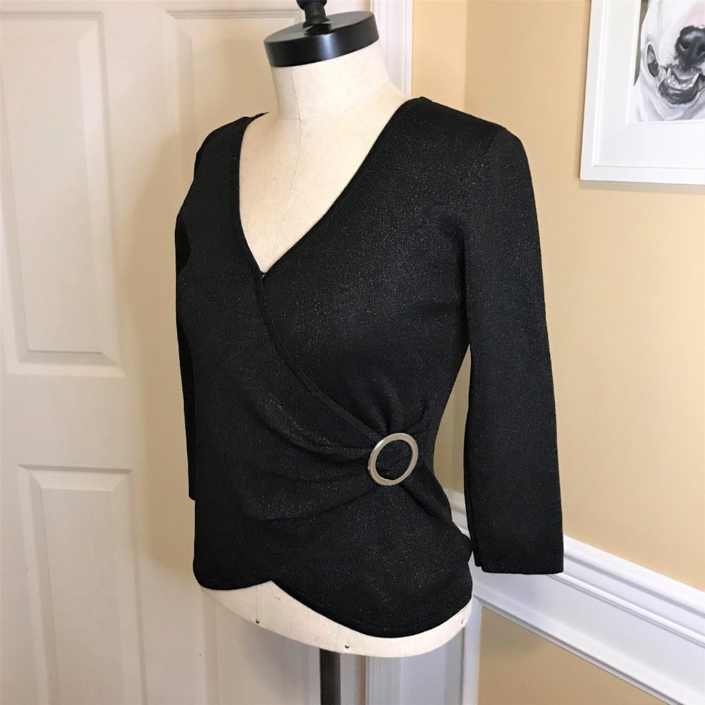 Vintage Fitted V-Neck Top in Black Shimmer Sz XS